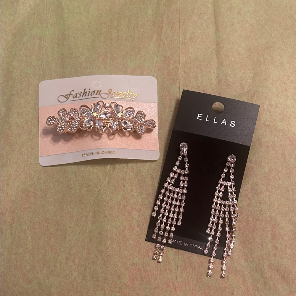 Ella Rose Gold Crystal Floral Hair Clip and Tassel Earrings Set